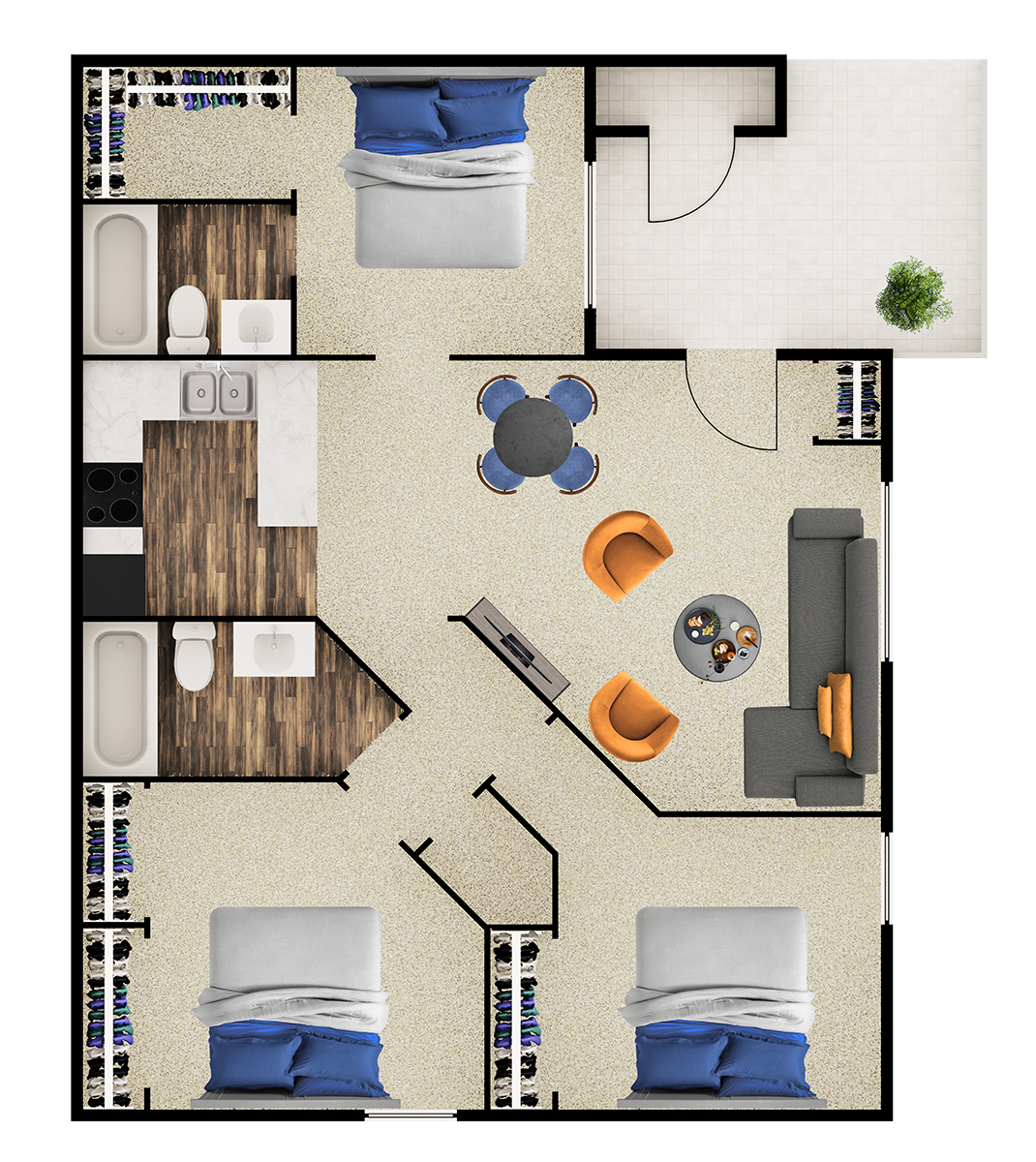 Floor plan for 3 beds, 2 baths, 969 sqft